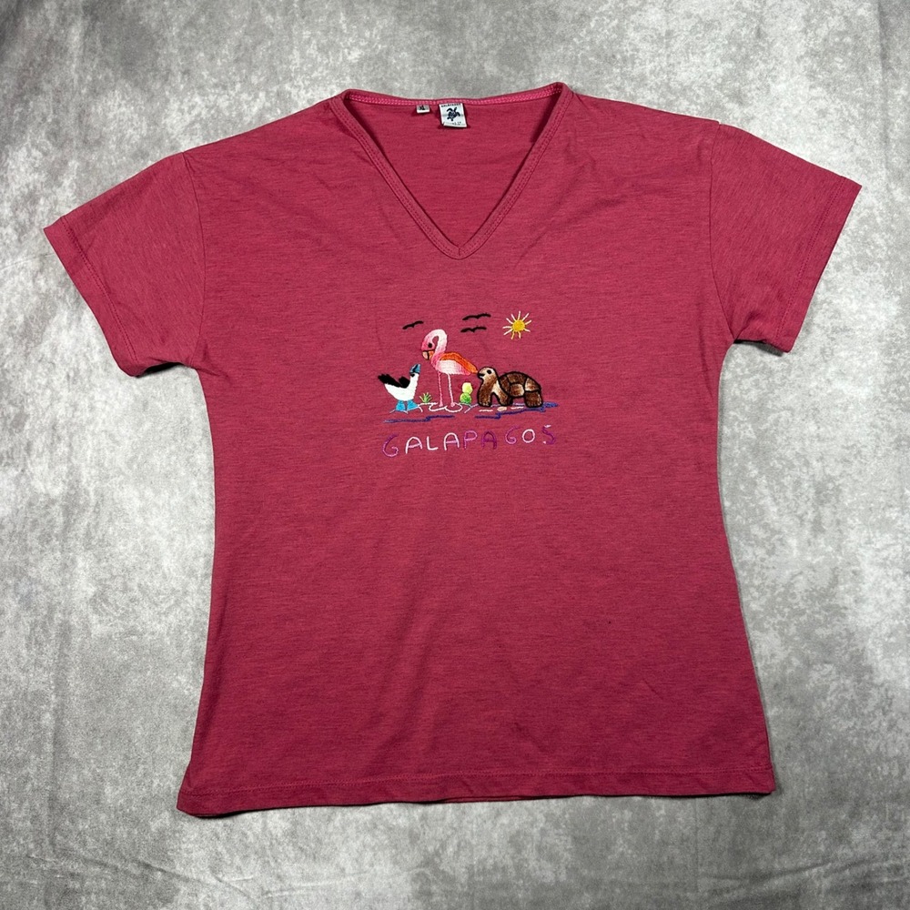 Galapagos Embroidered Shirt Womens XL Pink V-Neck Turtle Flamingo Duck‎ Souvenir